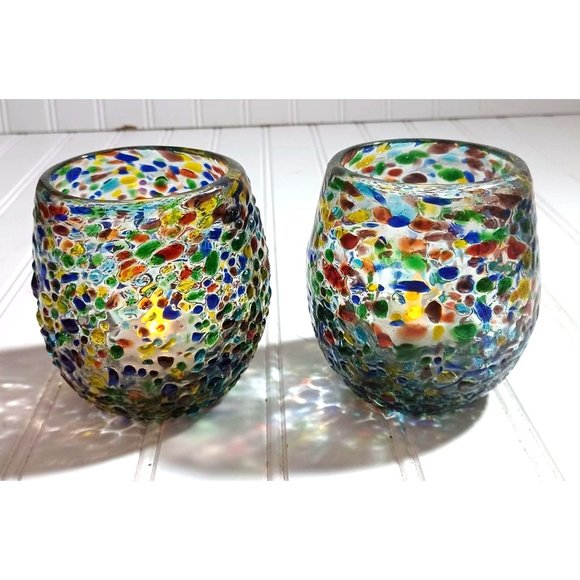 2 Fused Recycled Art Glass Rainbow Confetti Votive Tealight or Candle Holders - Picture 2 of 8